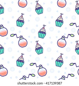 Girls flat seamless pattern with perfume, cupcake and buttons. Cute background vector illustration. Modern line art texture. Pastel colors. 