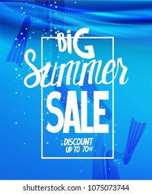 Girls in flippers in a sea water . Big summer sale poster. Vector illustration