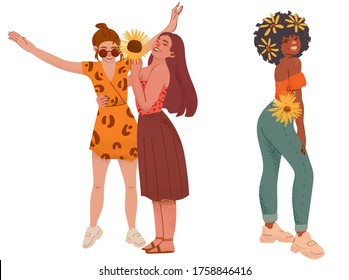 Girls and flowers.
A collection of happy summer women with sun flower. Hand-drawn vector illustration set. Cartoon characters isolated on white background. Terracotta colors. 