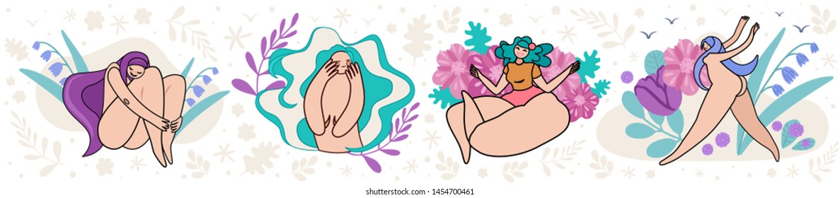 Girls in flowers, a pattern around of plants, summer vacation, a nude girl, different figures, body build. Vector line drawn illustration on a white background. Character concept