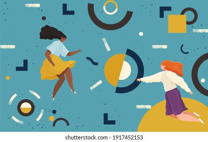 Girls flying in abstract imaginary space organizing geometric shapes. Group of young women collecting figures. Teamwork and team building organization concept. Coworking and business partnership