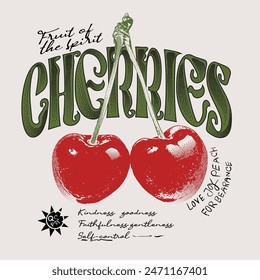 girls food fashion graphic prints for cherries fruit, funny vintage food fashion slogan print, cherry cool slogan print for tee. funny cute t-shirt pattern