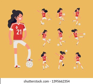 Girls football team member poses bundle. Cheerful longhaired female soccer or football player performing various shots, tricks, kicking and passing a ball, running