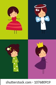 girls, four happy kids with fancy dresses on the colorful background