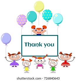 Girls with freckles, in bright dresses and with balloons. Thank you