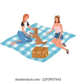 Girls friends with dog on summer picnic vector