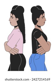 Girls friends facing away from each other 2D linear cartoon characters. Disputing adult women isolated line vector people white background. Gesture body language color flat spot illustration