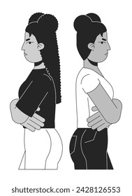 Girls friends facing away from each other black and white 2D line cartoon characters. Disputing women isolated vector outline people. Gesture body language monochromatic flat spot illustration