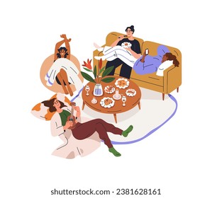 Girls friends gathering, relaxing together at home. Happy women at hen party, resting on couch, sofa, eating food, drinking, talking. Flat graphic vector illustration isolated on white background