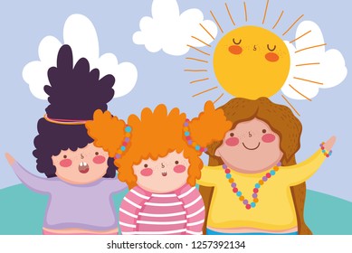 girls friends with hairstyle enjoying with sun and clouds