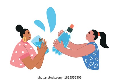 Girls friends holding a bottle and a glass of water. World water day. The concept of safe clean drinking water for health and global concern for the environment. Vector illustration