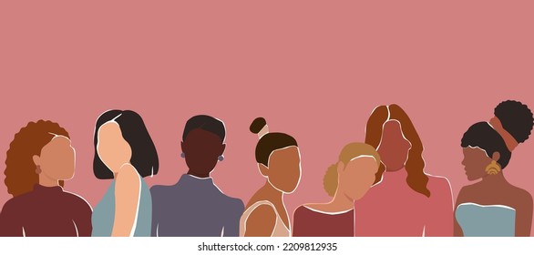 The girl's friends hug. Abstract portrait of girls. A modern poster with a group of women of different appearance and nationality. The concept of equality, rights. Horizontal banner. Vector graphics.