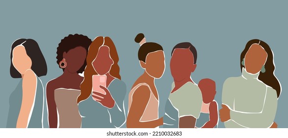 The girl's friends hug. Abstract portrait of girls. A modern poster with a group of women of different appearance and nationality. The concept of equality, rights. Horizontal banner. Vector graphics