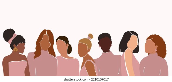 The girl's friends hug. Abstract portrait of girls. A modern poster with a group of women of different appearance and nationality. The concept of equality, rights. Horizontal banner. Vector graphics.