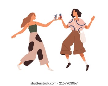 Amigos chicas presentándose regalos entre ellas para sus vacaciones. Mujeres felices intercambiando sorpresas en cajas, regocijándose, celebrando el evento festivo. Ilustración vectorial plana aislada en fondo blanco