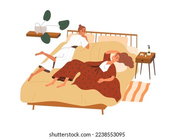 Girls friends relaxing in bed together. Happy women at home bedroom, resting and talking. Girlfriends in pajamas, speaking at leisure time. Flat vector illustration isolated on white background