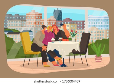 Girls friends taking selfie photo on smartphone, serfing internet while sitting in cafe or restaurant. Young woman girl friends making video for social media using modern gadget vector illustration