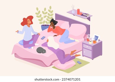 Girls friends talk on pajama party or sleepover in bedroom vector illustration. Cartoon young three female characters in cute pajamas sitting and lying on bed to gossip and drink tea or coffee