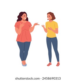 Girls friends talking, gossiping, whispering secrets, telling news. Flat style cartoon vector illustration.