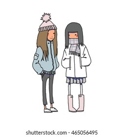 Girls. Friends. Vector hand-drawn sketch.