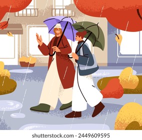 Girls friends walking together on rainy day. Happy women going on autumn city street, talking under umbrellas, rain weather, downpour. People in fall season, raindrops. Flat vector illustration