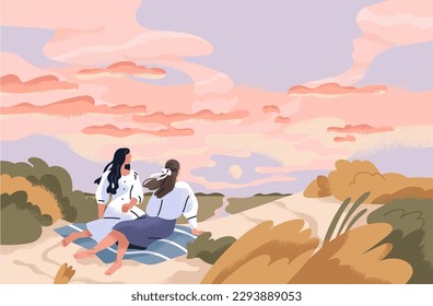 Girls friends watching sunset, relaxing in nature. Peaceful landscape with sky, sun, clouds. Women couple looking, enjoying, dreaming, contemplating. Inspiration concept. Flat vector illustration