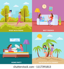 Girls friendship 4 orthogonal icons square concept with home party vacation and sporting together isolated vector illustration 