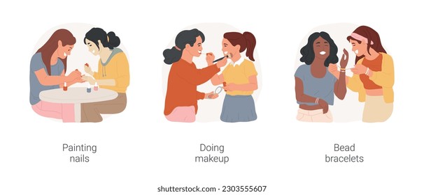 Girls friendship isolated cartoon vector illustration set. Two young women painting each others nails, girls doing makeup to each other, teens making bead bracelets, leisure time vector cartoon.