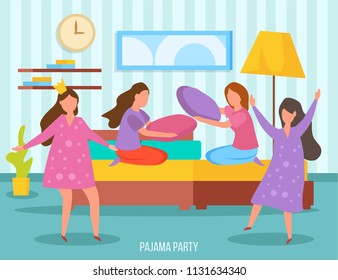 Girls friendship sleepover orthogonal composition with young ladies dancing and  pillow fight at pajama party vector illustration 