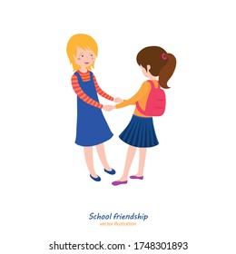 Girls friendship. Teenager behavior concept. School relationships. Best friends. Editable vector illustration in bright cartoon style isolated on white background. 