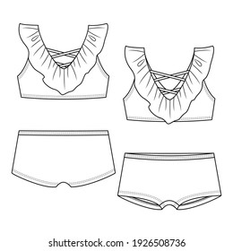 Girls Frill Bikini fashion flat sketch template. Technical Fashion Illustration. Short Bikini Bottom