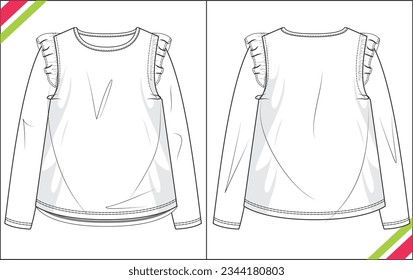 GIRLS FRILL LONG SLEEVE T SHIRT DRAWING SKETCH PATTERN TEMPLATE