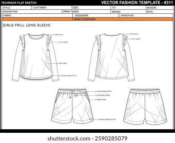 GIRLS FRILL LONG SLEEVE T SHIRT DRAWING SKETCH FASHION TEMPLATE TECHNICAL DRAWING ILLUSTRATION