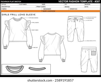 GIRLS FRILL LONG SLEEVED BLOUSE SKETCH FASHION TEMPLATE TECHNICAL DRAWING ILLUSTRATION