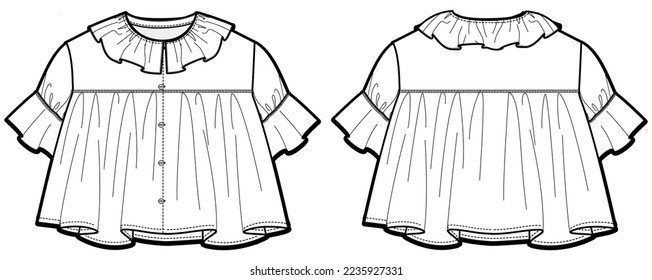 Girls frock dress design with Frills ans ruffle neck flat sketch fashion illustration vector template with front and back view,  Toddler baby girl button down dress.