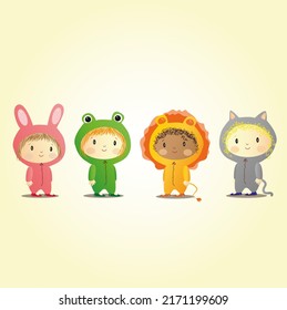 girls in frog rabbit cat and lion costumes