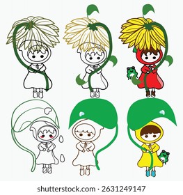 girls, frogs, rain, sunflower, green leaf umbrella