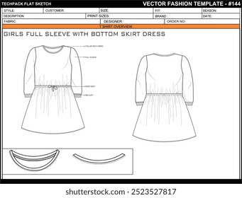 GIRLS FULL SLEEVE WITH BOTTOM SKIRT DRESS TEE FLAT SKETCH FASHION TEMPLATE TECHNICAL ILLUSTRATION