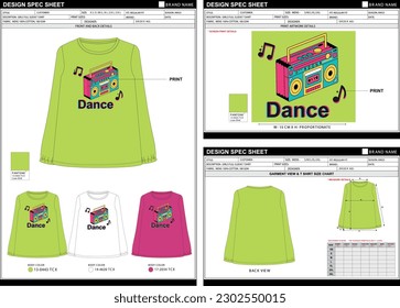 GIRLS FULL SLEEVE TSHIRT TECH PACK ILLUSTRATION FRONT BACK VIEW RETRO MUSIC DESIGN WITH PANTONE AND BLANK MEASUREMENT CHART TABLE EASY EDITABLE VECTOR FILE