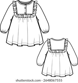 Girls full sleeve tunic frock dress vector flat illustration. This design features a stylish and modern look, perfect for various application