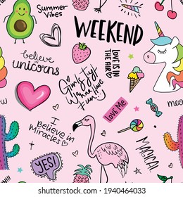 Girls fun concept with unicorn, flamingo, cactus, avocado, ice cream drawings seamless pattern repeating texture background print design for fabrics, wallpapers etc