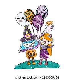girls with funny costumes with balloons and ghosts
