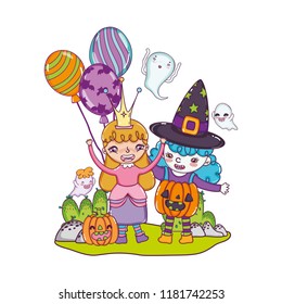 girls with funny costumes and happy pumpkin