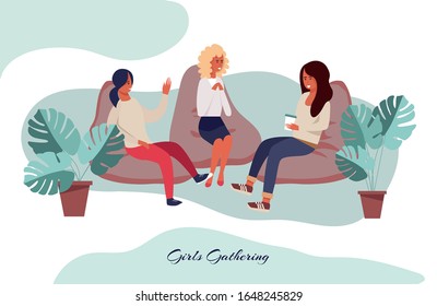 Girls Gathering for Gossip and Chatting Flat Poster. Young Female Friends Meeting and Conversation. Smiling Women Sitting on Soft Bag Chair and Sharing News. Vector Cartoon Illustration