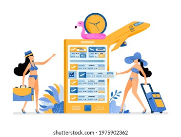 Girls get ready for holidays by buying summer vacation flight tickets to tropical island beach with mobile apps. Illustration can be used for landing page, banner, website, web, poster, brochure