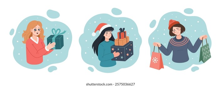 Girls with gift box and shopping bags in their hands. Holidays shopping set. Christmas, Happy Holidays greeting card design with Manga styled woman holding presents. Vector illustration. Flat design.