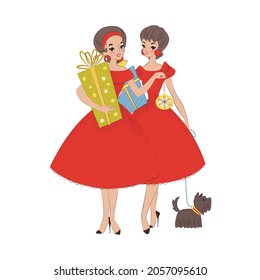 Girls with gift boxes. Pretty girl friends in beautiful red dresses holding gift boxes. Winter holiday illustration drawn in mid-century style. Vector 10 EPS.
