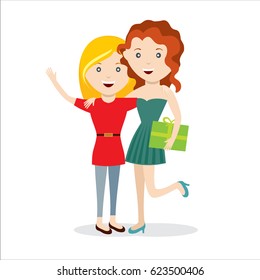 Girls with gift happy jump friends vector