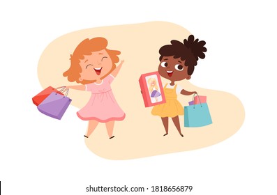 Girls with gifts. Happy little princesses with boxes and bags. Cute cartoon afro american baby shopping character. International friendship, kids friends vector illustration