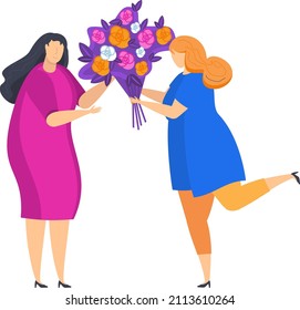 Girls give each other flowers on a date. Lesbian couple. Girls in love. Flat vector illustration.